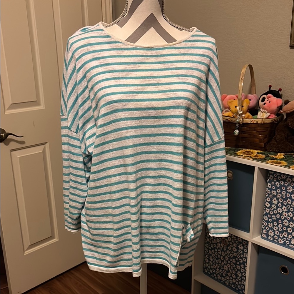 J. Jill Teal and White Striped Scoop Neck Sweater
